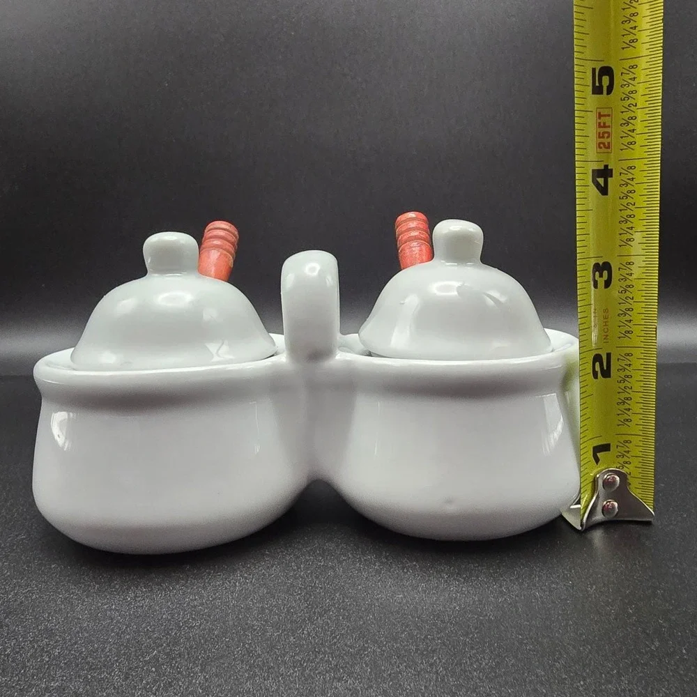 Houston Harvest HH Double Ceramic Condiment Server‎ Dish with Spoons White
